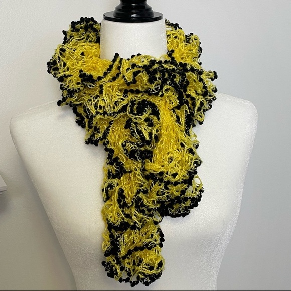 Ruffs & Pom-Poms Crocheted Yellow Black Scarf - Picture 10 of 10